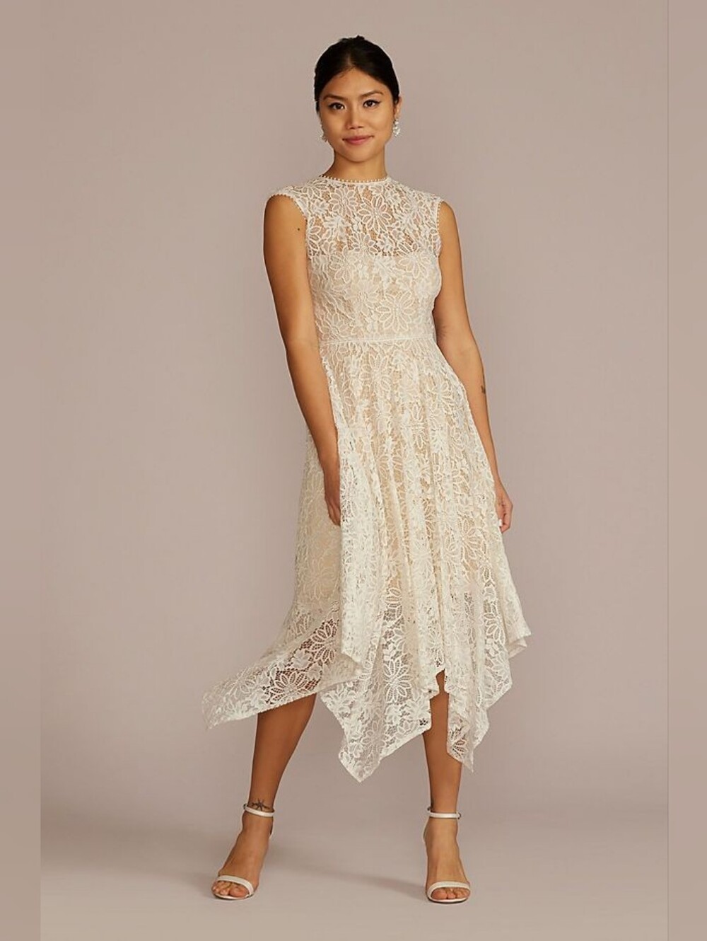 DB Studio SDWG1048 Hugh Neck Lace Dress with Asymmetrical Skirt